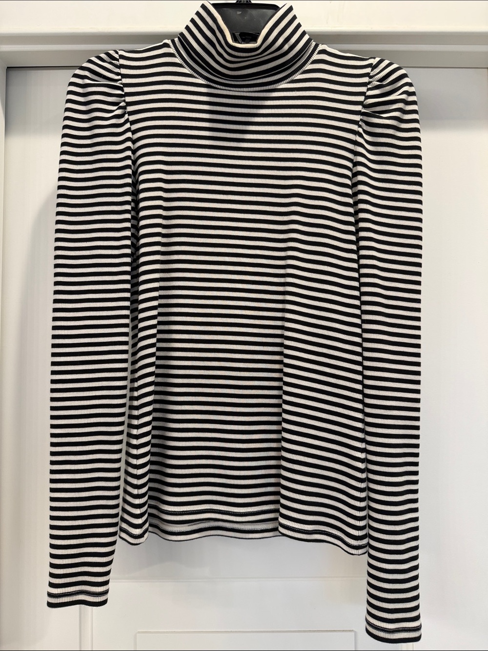 Veronica Beard Women's Ribbed Black and White Striped Turtleneck Top